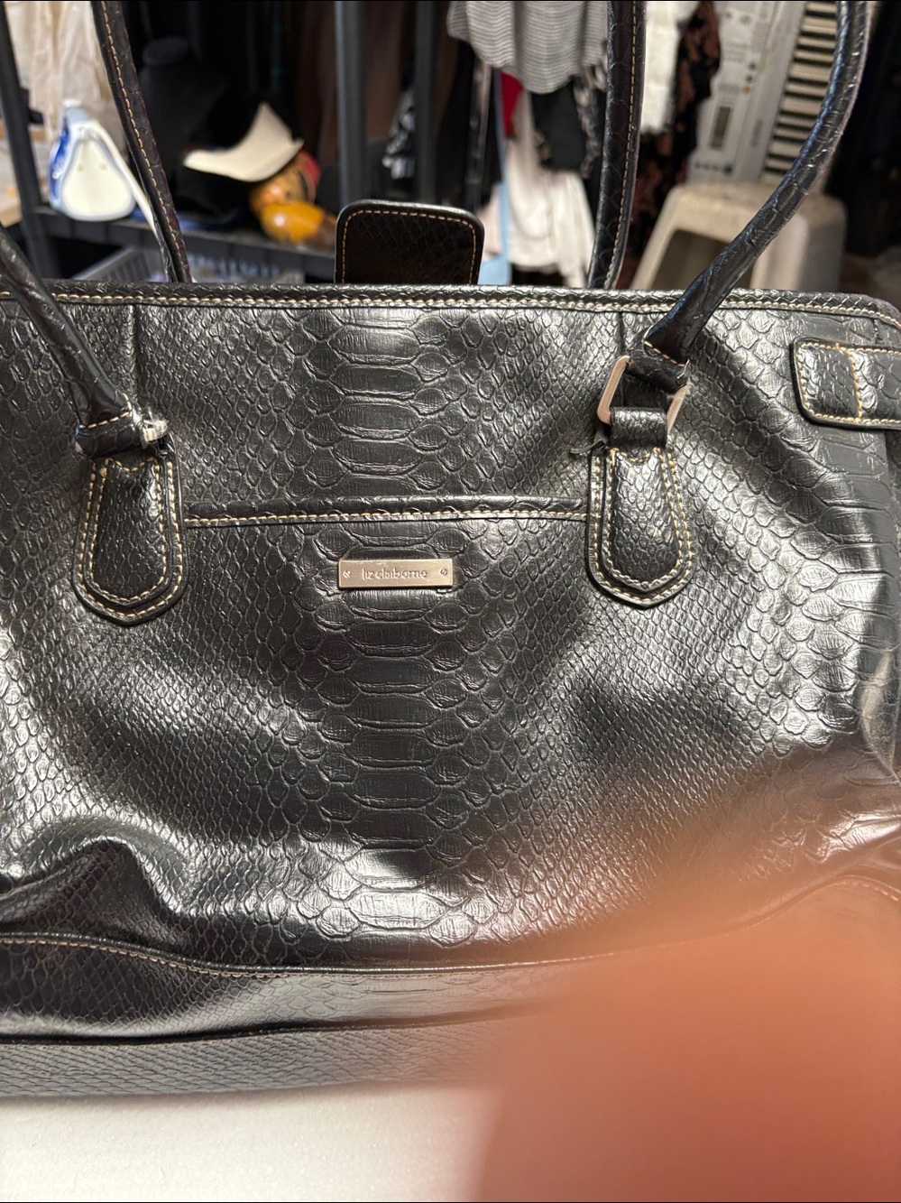 Liz Claiborne Black Faux-Snake Leather Messenger Tote